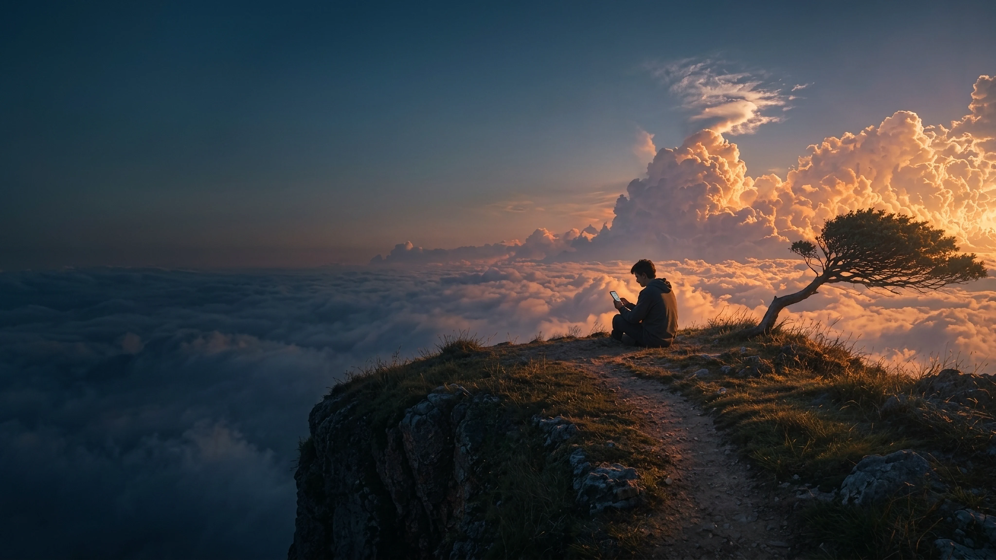 A person sitting alone on a cliff at sunset, looking at an iPhone.